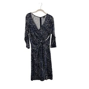 Ann Taylor Petite Midi Wrap Dress M Leopard Print 3/4 Sleeve Navy/White/Blue